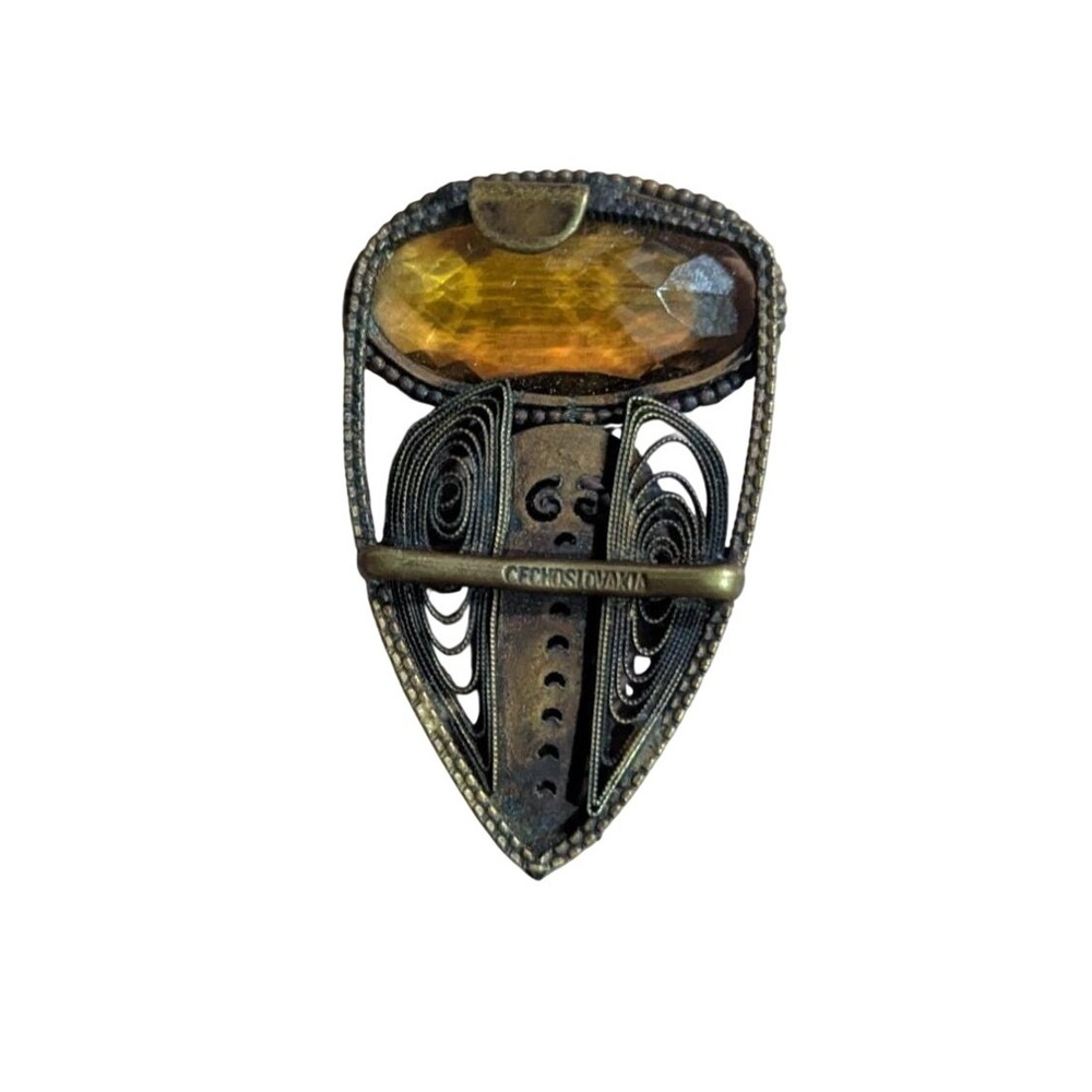 Vintage Czechoslovakia Filigree Goldtone Amber Glass Scarf Bar Pin